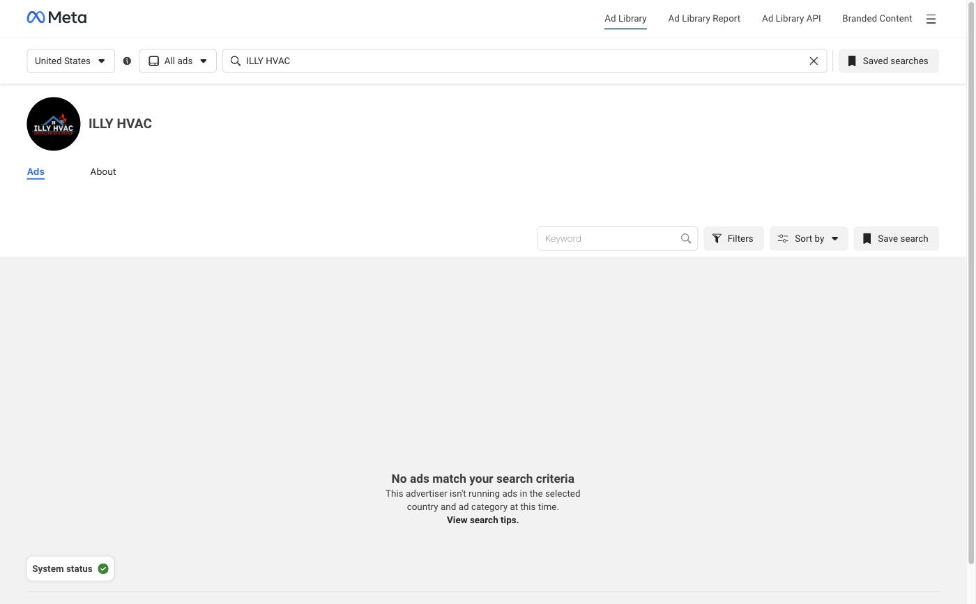 The Ad Library scoped to ILLY HVAC, reporting that this advertiser is not running ads in the selected country and ad category