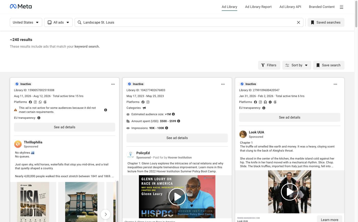 Meta Ad Library keyword search for "Landscape St. Louis" showing approximately 240 results, with an unrelated Thrillophilia travel ad as the top result