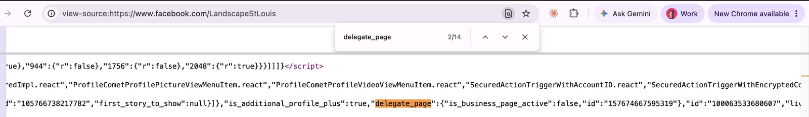 view-source on the business's Facebook page with delegate_page highlighted, the find bar showing 14 matches, and two adjacent id values visible in the same line
